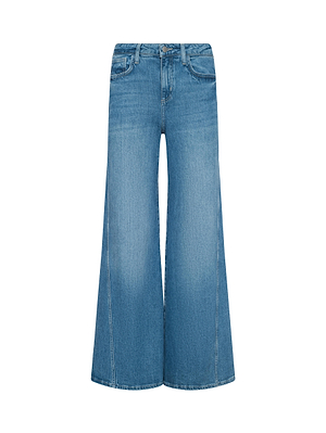 The Beau Wide-Leg Jean by L'AGENCE features a blue wash, high rise, wide-leg fit, front button and zipper closure, front and back pockets, and faded detailing down the legs.