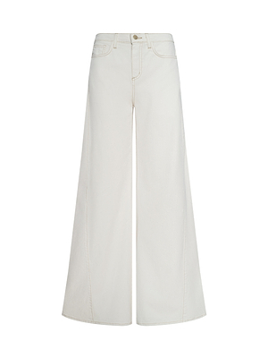 The Beau Wide-Leg Jean is a high-rise, wide-leg style made from stretch cotton twill, featuring front and back pockets plus a button and zip closure, shown on a white background.