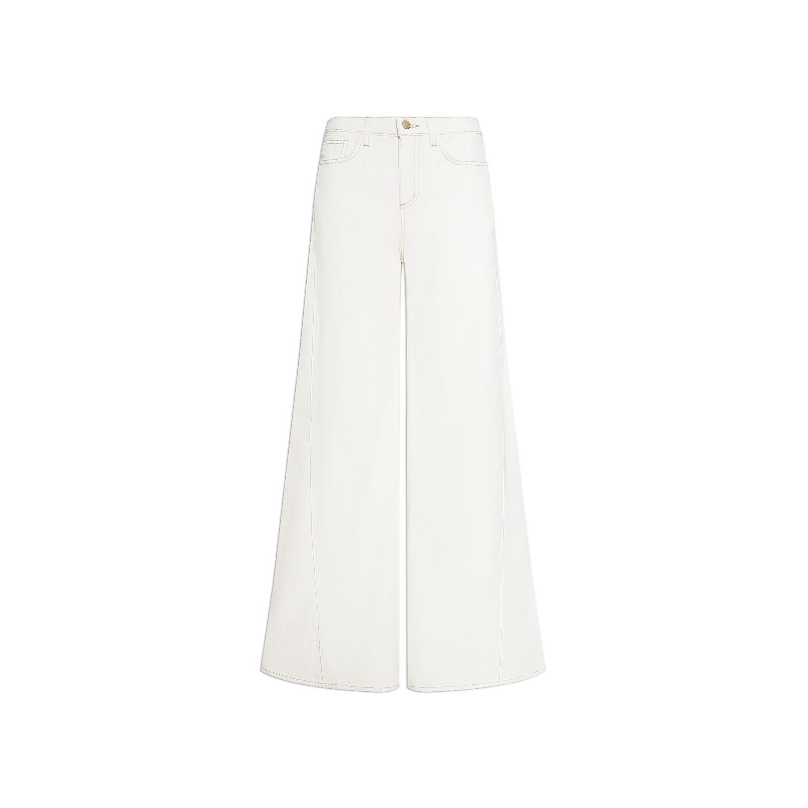 The Beau Wide-Leg Jean is a white, high-waisted style crafted from stretch cotton twill, featuring a wide leg, front and back pockets, and a button closure. It is displayed on a plain white background.