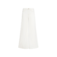 The Beau Wide-Leg Jean is a white, high-waisted style crafted from stretch cotton twill, featuring a wide leg, front and back pockets, and a button closure. It is displayed on a plain white background.
