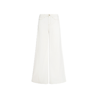 The Beau Wide-Leg Jean in crisp white is crafted from stretch cotton twill with a high rise, featuring a front button and zip closure along with subtle stitching details—displayed on a plain white background.