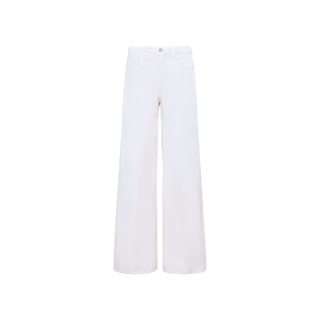 The Beau Wide-Leg Jean, crafted from stretch denim in crisp white, is displayed on a plain white background, highlighting its front pockets, button, and waistband details.