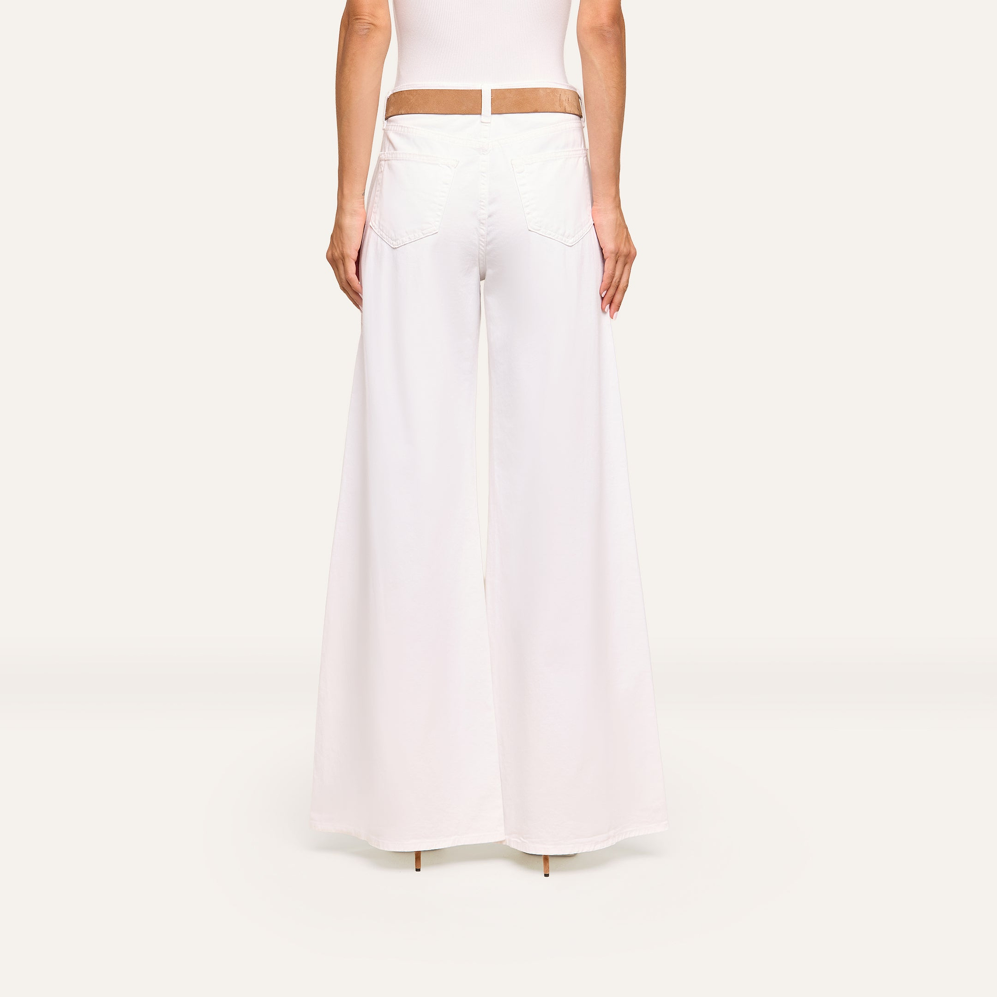 A person is shown from behind wearing the Beau Wide-Leg Jean and a white top, standing against a plain light background.