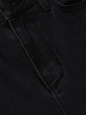 Close-up of the front pocket and waistband of the L'AGENCE Quincy Wide-Leg Jean in black denim, showcasing detailed stitching, a branded button, and textured fabric.