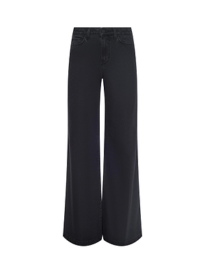 The L'AGENCE Quincy Wide-Leg Jean features a high-rise waist, front pockets, and button closure in black denim, displayed against a plain white background.