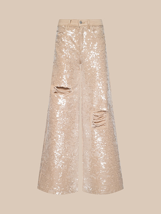 Quincy Embellished Wide-Leg Jean in light beige denim features a high-rise silhouette, sparkling sequin embellishments, and distressed, ripped patches on the thighs, displayed against a plain beige background.