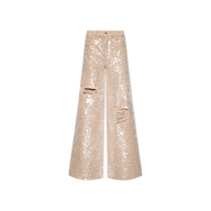 The Quincy Embellished Wide-Leg Jean features high-rise, wide-leg styling in beige sequined denim with distressed rips at both knees, showcased against a plain white background.