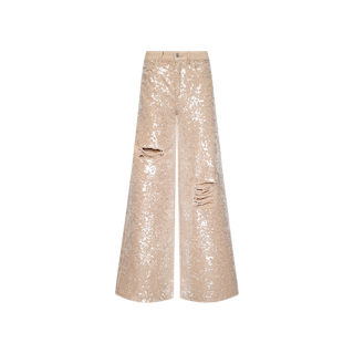 Quincy Embellished Wide-Leg Jean in beige features a high-rise fit, wide-leg silhouette, and two distressed, ripped sections above the knees on each leg, displayed against a plain white background.