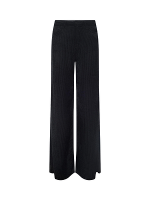 The Quincy Wide-Leg Corduroy Pant is a black, high-rise style with a soft velvet finish, button and zip closure, belt loops, and front pockets, shown against a white background.