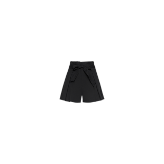 Damira Poplin Short in black stretch poplin, featuring an ultra-high waist, wide waistband, and a self-tie belt knotted in a bow at the front, displayed on a plain white background.