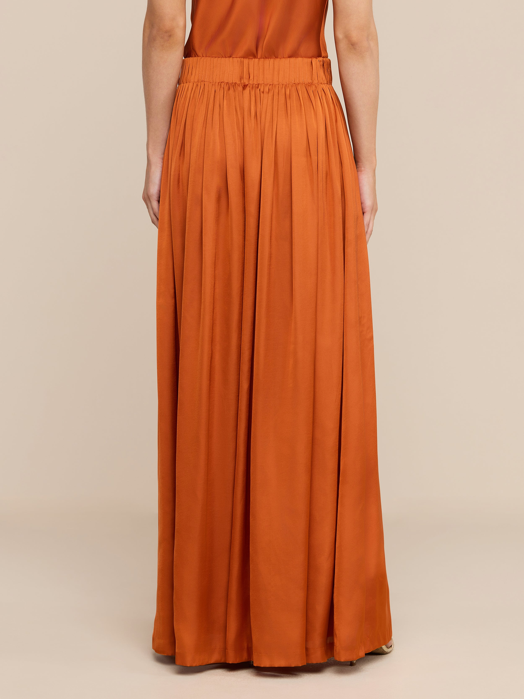 A person wearing the Haylo Pant in rust—a floor-length style featuring a gathered waistband and a wide-leg, satin-inspired silhouette—is shown from the back against a plain white background.