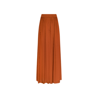 The Haylo Pant in a rich burnt orange features a high waist and a gathered elastic waistband, shown against a simple white background.