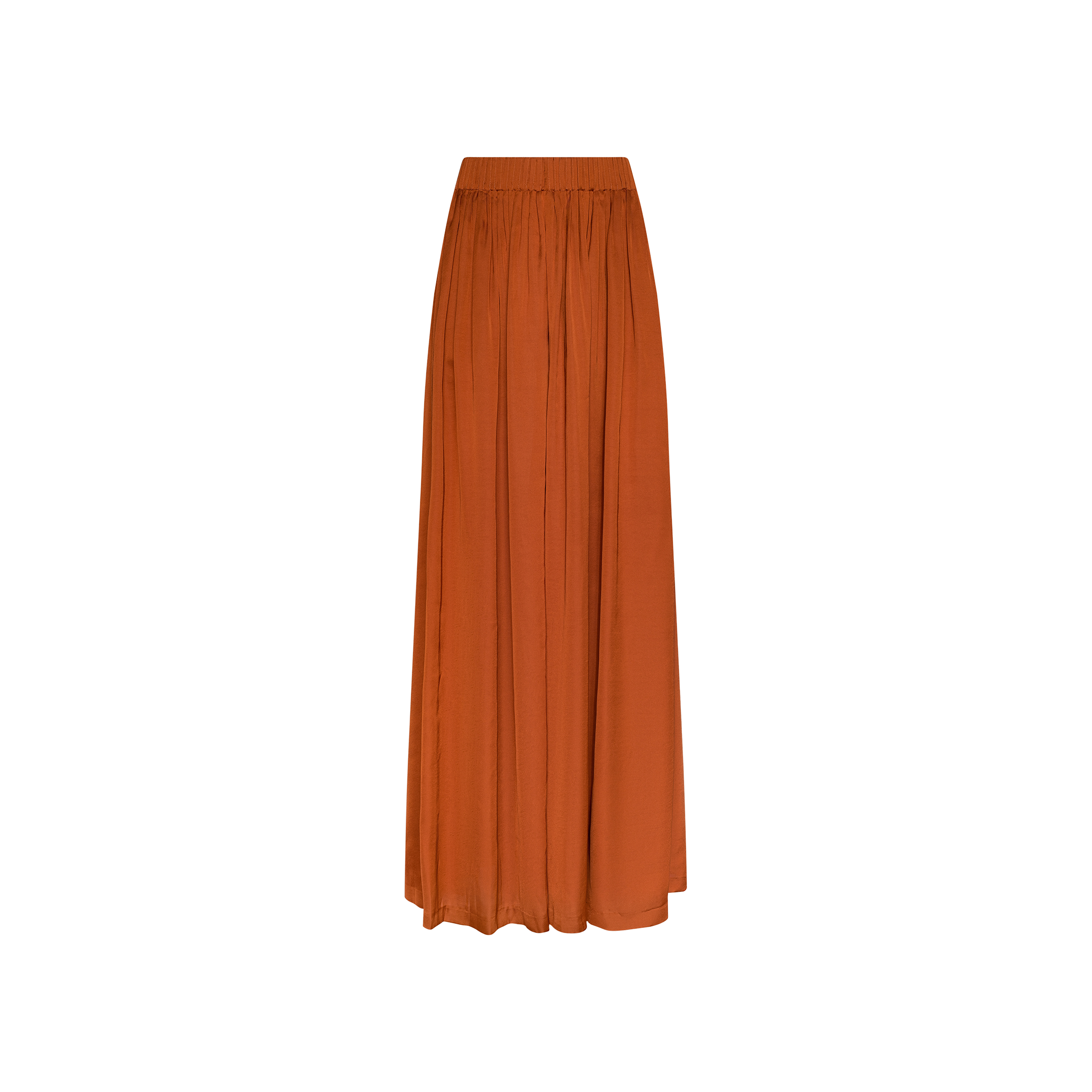 The Haylo Pant is displayed on a plain white background in a rich burnt orange hue, offering an effortlessly chic look similar to that of a long, flowy maxi skirt with a fitted waistband.