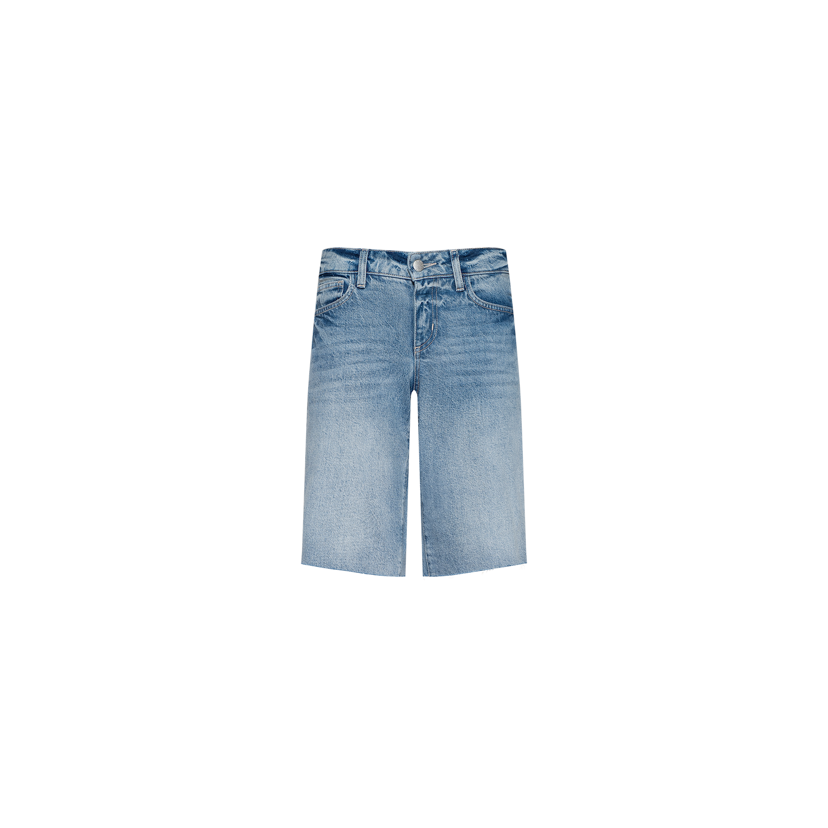Elise Jean Bermuda Short in light blue features a relaxed fit, button and zip closure, front and back pockets, and a faded wash, displayed on a plain white background.