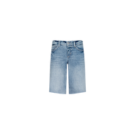 Elise Jean Bermuda Short in light blue features a relaxed fit, button and zip closure, front and back pockets, and a faded wash, displayed on a plain white background.
