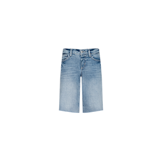 The Elise Jean Bermuda Short in light blue denim features a relaxed fit, classic five-pocket design, belt loops, and a front button closure, shown against a plain white background.