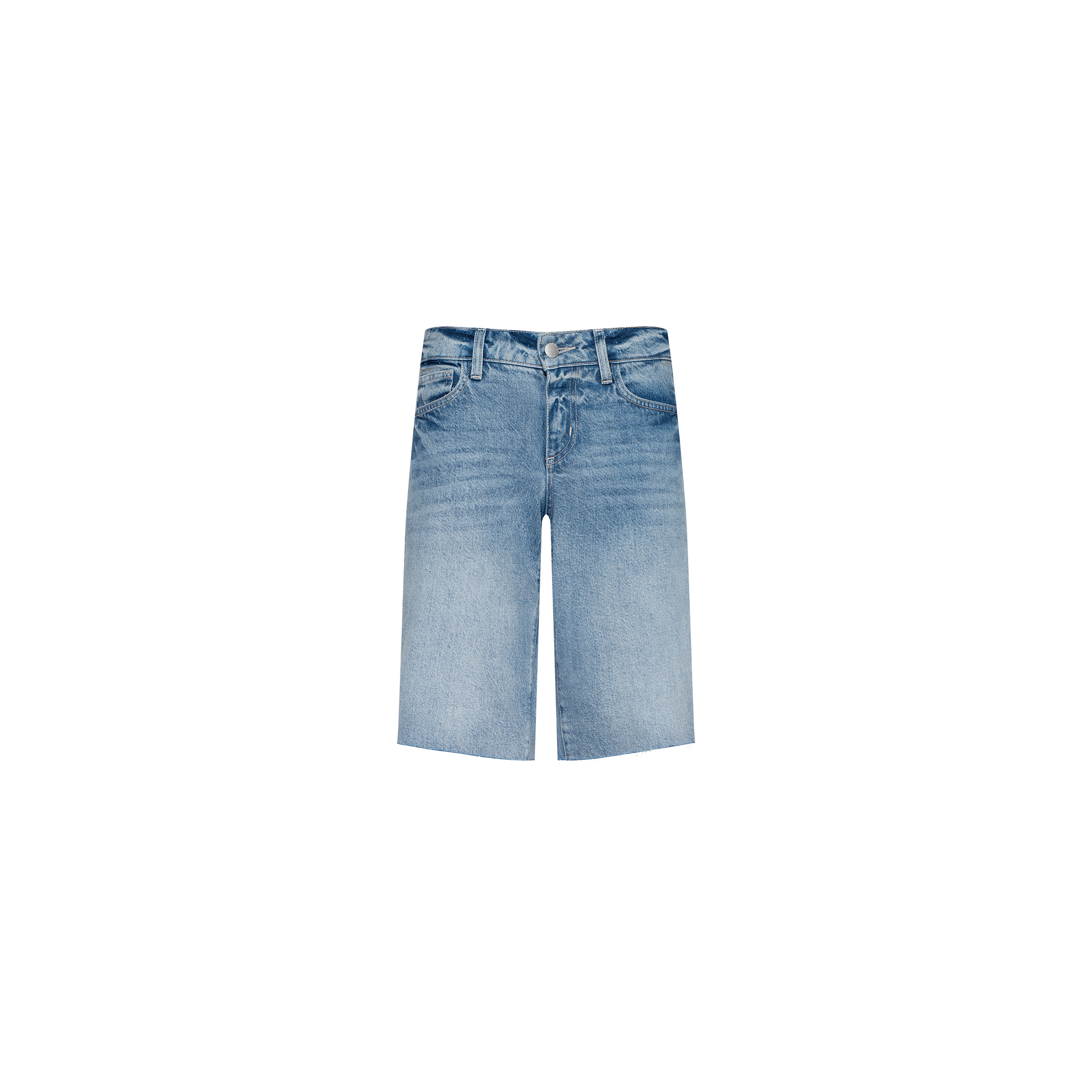 Elise Jean Bermuda Short in light blue features a relaxed fit, button and zip closure, front and back pockets, and a faded wash, displayed on a plain white background.