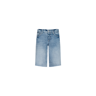Elise Jean Bermuda Short in light blue features a relaxed fit and faded wash, designed with classic five pockets, belt loops, and a zip fly. Crafted from 100 cotton denim and shown against a plain white background.