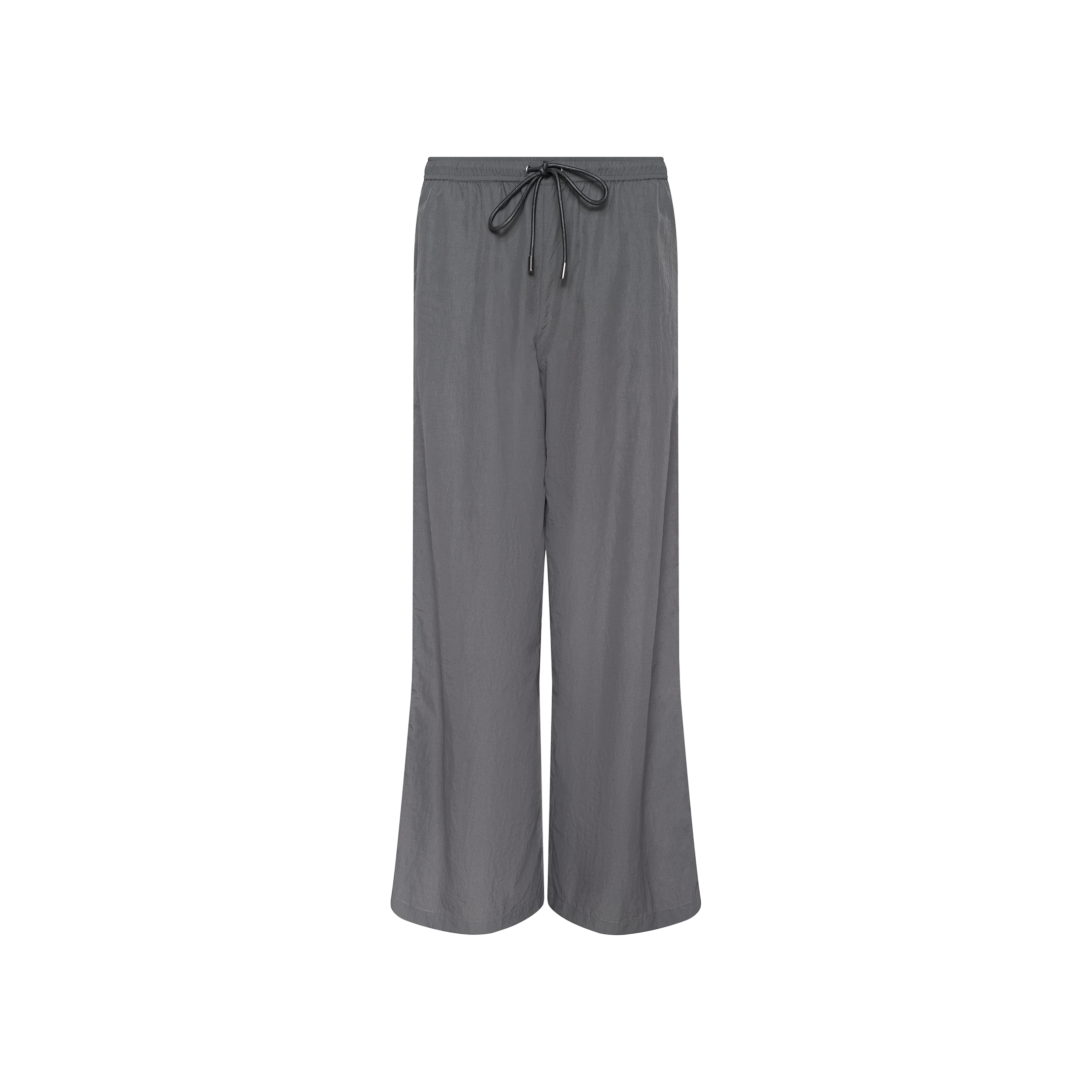 Valkyrie Snap Pant in gray features a wide-leg silhouette, drawstring and elastic waistband, and water-repellant fabric, shown against a plain white background.