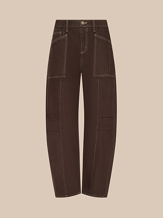 The Cody Cropped Barrel-Leg Jean features a brown high-rise, wide-leg silhouette with large front patch pockets and visible white stitching, crafted from non-stretch denim and displayed on a plain beige background.