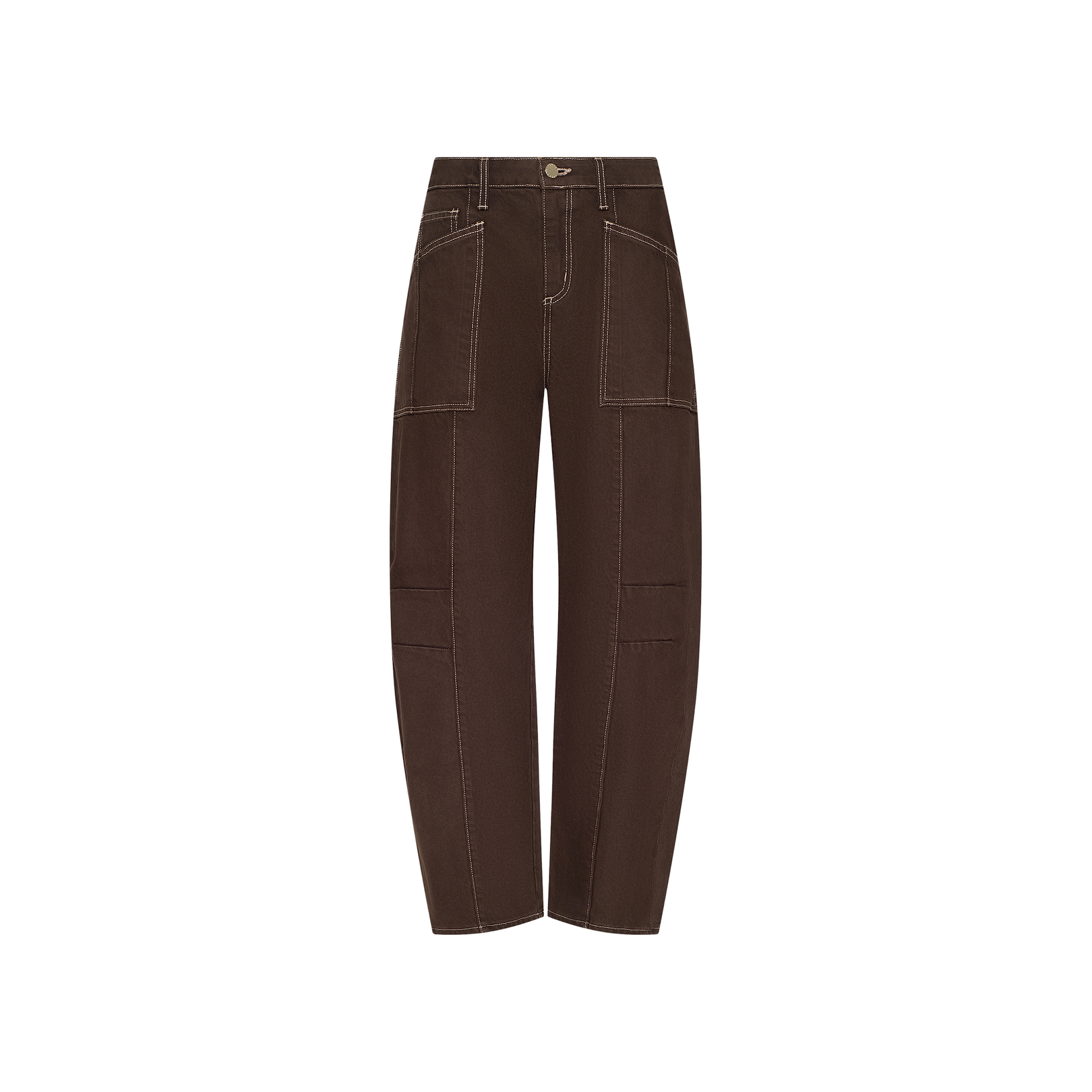 The Cody Cropped Barrel-Leg Jean features a high-waisted silhouette in brown non-stretch denim, with large front patch pockets, contrast white stitching, and a button closure, showcased against a plain white background.