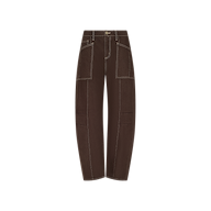 The Cody Cropped Barrel-Leg Jean features a high-waisted, barrel-leg silhouette in brown non-stretch denim, detailed with large front pockets and visible white stitching, shown on a plain white background.