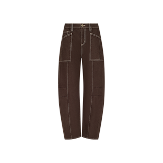 The Cody Cropped Barrel-Leg Jean features a high-waisted silhouette in brown non-stretch denim, with large front patch pockets, contrast white stitching, and a button closure, showcased against a plain white background.