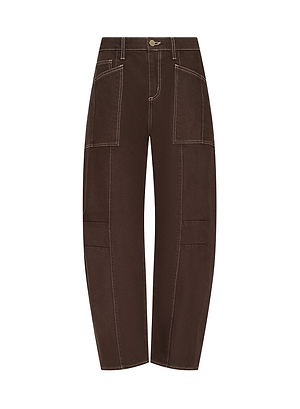 The Cody Cropped Barrel-Leg Jean features brown high-waisted denim, large front patch pockets, bold white stitching, and a relaxed straight-leg fit—ideal for Fall 2026 New York Fashion Week styles. Shown on a white background.