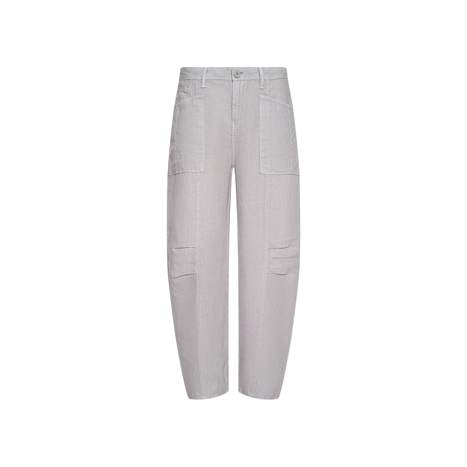 The Cody Cropped Linen Pant is a light gray, high-waisted style featuring wide legs, front button and zipper closure, and large patch pockets on the thighs and hips. Crafted from lightweight linen for ultimate comfort in warm weather, these pants are displayed against a plain white background.