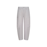 The Cody Cropped Linen Pant is a light gray, high-waisted style featuring wide legs, front button and zipper closure, and large patch pockets on the thighs and hips. Crafted from lightweight linen for ultimate comfort in warm weather, these pants are displayed against a plain white background.