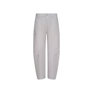 The Cody Cropped Linen Pant is a light gray, high-waisted style featuring wide legs, front button and zipper closure, and large patch pockets on the thighs and hips. Crafted from lightweight linen for ultimate comfort in warm weather, these pants are displayed against a plain white background.
