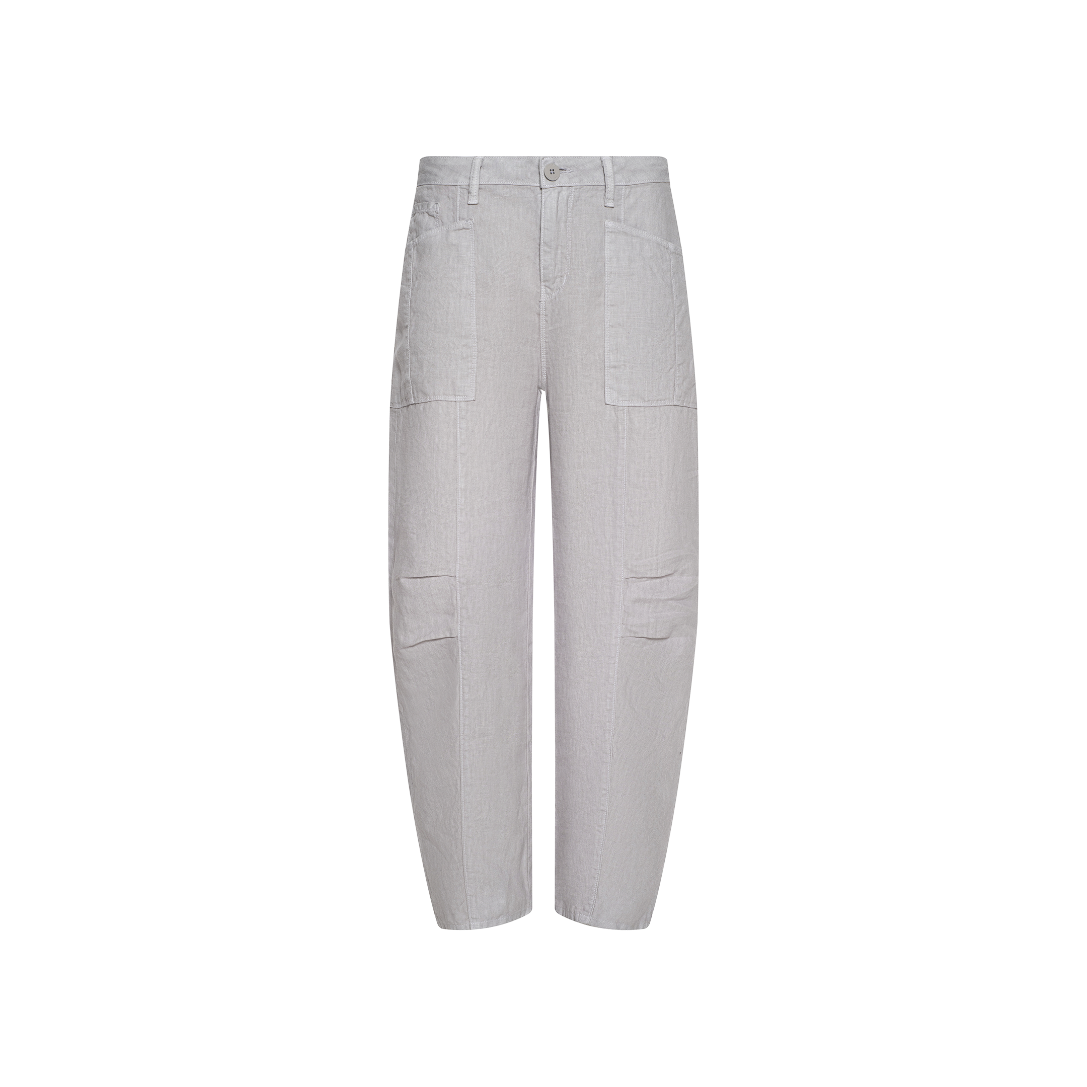 The Cody Cropped Linen Pant is a light gray, high-waisted style featuring wide legs, front button and zipper closure, and large patch pockets on the thighs and hips. Crafted from lightweight linen for ultimate comfort in warm weather, these pants are displayed against a plain white background.