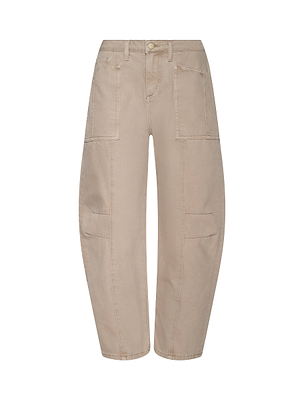 The L'AGENCE Cody Cropped Barrel-Leg Jean is a beige, high-waisted, all-cotton denim pant with visible front seams and thigh patch pockets. It features a relaxed, slightly tapered leg and button-zip closure, shown against a white background.