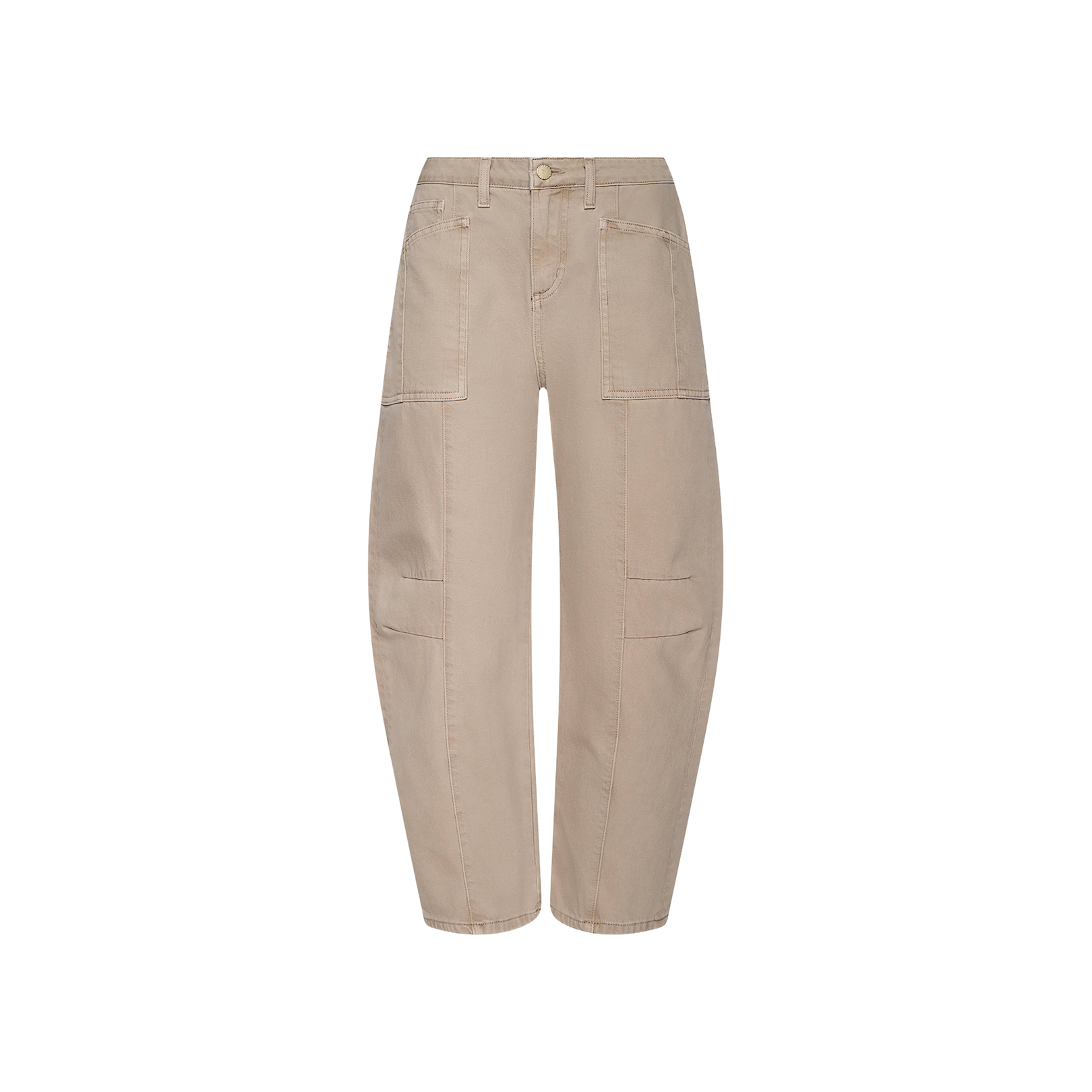 Cody Cropped Barrel-Leg Jean in beige, featuring a high-waisted, wide-leg silhouette crafted from all-cotton denim with large front patch pockets and visible seam details, displayed on a plain white background.