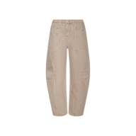 Cody Cropped Barrel-Leg Jean in beige features a high-waisted, wide-leg silhouette with front patch pockets and visible stitch detailing, crafted from all-cotton denim and displayed against a plain white background.