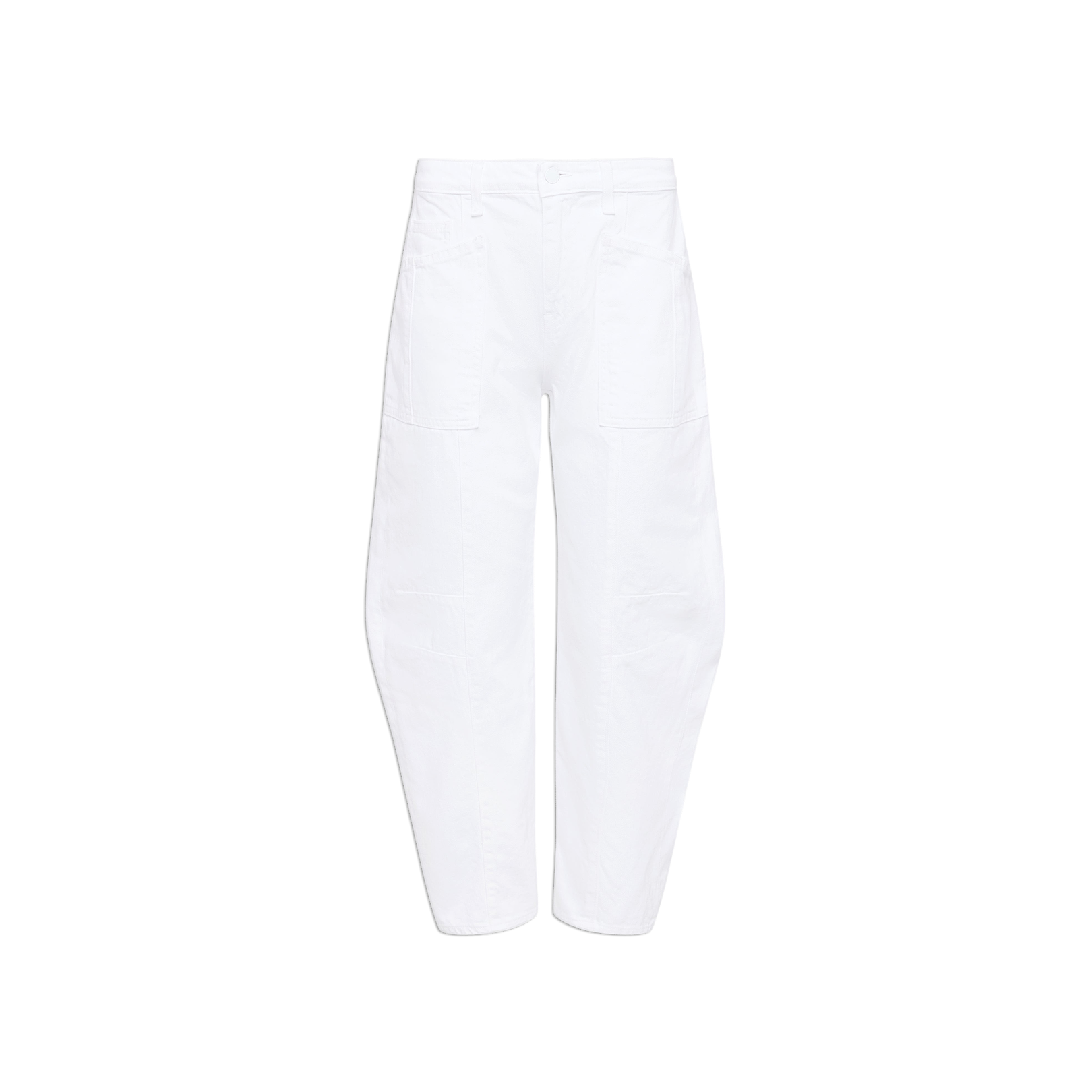 Cody Barrel-Leg Jean in white denim, featuring a high-rise silhouette, barrel-leg cut, and large front patch pockets, displayed against a plain white background.