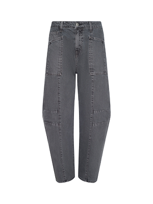 The Cody Cropped Barrel-Leg Jean features a high-waisted, loose-fit silhouette in charcoal gray all-cotton denim, with large front patch pockets and visible seam detailing, shown against a white background.