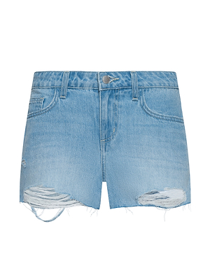 The Teya Low-Rise Jean Short features a light blue wash, frayed hem, distressed details, low-rise fit, front and back pockets, belt loops, and a classic button and zip closure.
