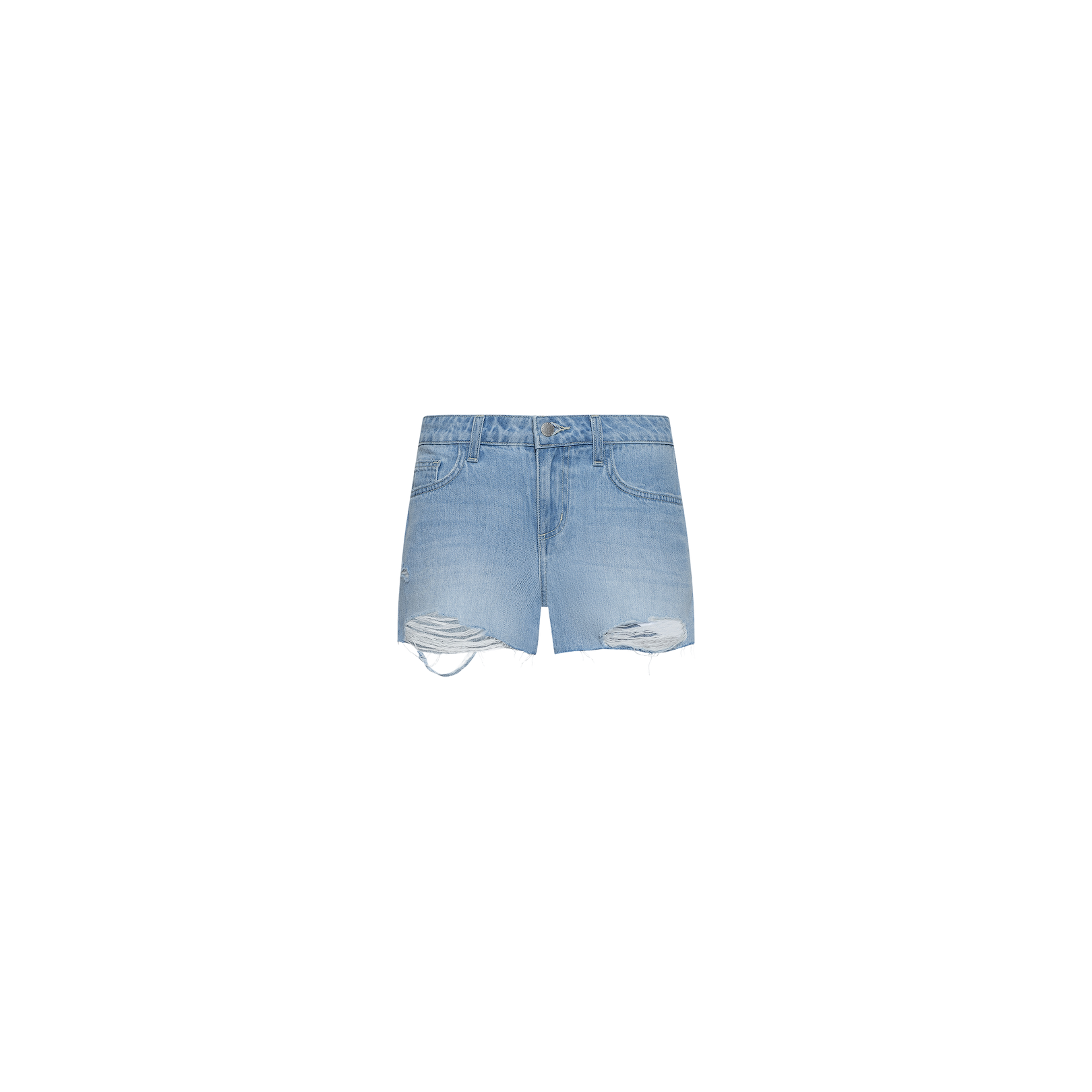 The Teya Low-Rise Jean Short features a light blue wash with distressed, ripped detailing on both legs, front pockets, and a button-zip closure, shown against a plain white background.