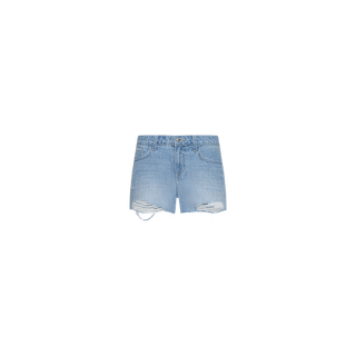 The Teya Low-Rise Jean Short features a light blue wash, a frayed hem, and distressed details on the front, showcased against a plain white background.
