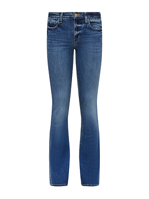The Cara Low-Rise Bootcut Jean by L’AGENCE is a blue stretch denim pair with button and zipper closure, classic five-pocket styling, and light fading on the front and thighs.