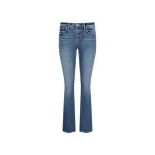 Cara Low-Rise Bootcut Jeans crafted from stretch denim, featuring a low-rise waist, front and back pockets, and a slightly faded wash. Displayed on a white background.