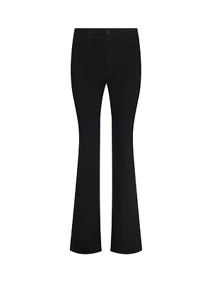 The Cara Low-Rise Bootcut Jean by L'AGENCE features black stretch denim, a front button and zip closure, and a subtle bootcut flare, shown on a white background.