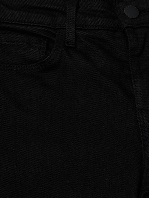 Close-up of the upper section of the Cara Low-Rise Bootcut Jean by L'AGENCE in black stretch denim, highlighting the waistband, belt loop, button, and a portion of the pocket.
