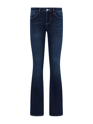 The Cara Low-Rise Bootcut Jean by L'AGENCE features a dark blue wash, slight thigh fade, classic five-pocket styling, and button-zip closure at the waist, shown against a white background.