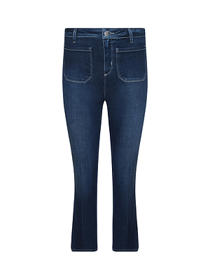 The Noya Cropped Slim Flare Jean features a dark blue wash, front patch pockets, button and zipper closure, slight thigh fading, stretch denim fabric, and a straight cropped fit for comfortable everyday wear.