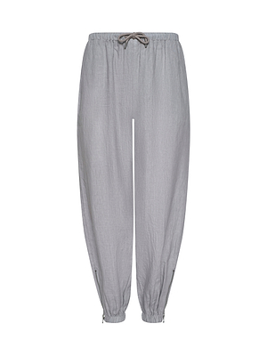The Mariko Linen Jogger in light gray features an elastic waistband, elasticized ankle cuffs with subtle zipper details, and a relaxed fit, shown on a plain white background.
