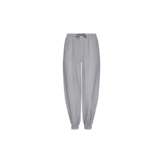The Mariko Linen Jogger in light gray features a drawstring waist and elastic cuffs at the ankles, shown against a plain white background.