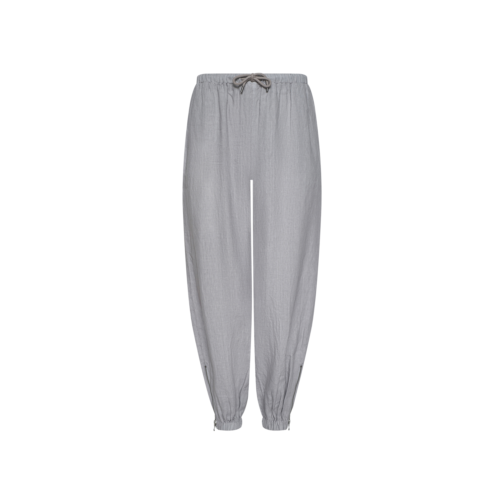 The Mariko Linen Jogger in light grey features a drawstring, elastic waistband, and elasticized cuffs, shown against a plain white background.