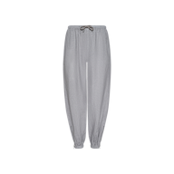 The Mariko Linen Jogger in light grey features a drawstring, elastic waistband, and elasticized cuffs, shown against a plain white background.